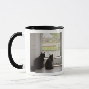 Katten die uit de deur van het scherm kijken mok