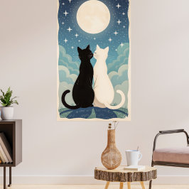 Katten die verliefd zijn op kussen onder de maan poster