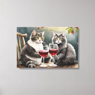 Katten Drinken Wijn Opgespannen Canvas Print! Afdruk