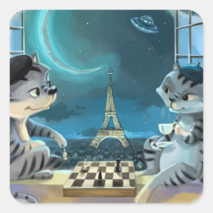 Katten Eiffeltoren - Nacht Klassieke Vierkante Sti Sticker