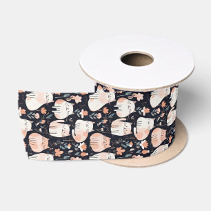Katten en Bloemen Koraal Roze Zwart Patroon Lint