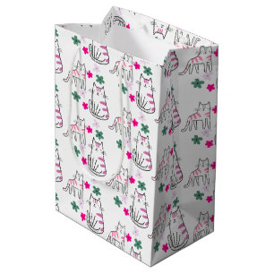 Katten en bloemen op wit medium cadeauzakje