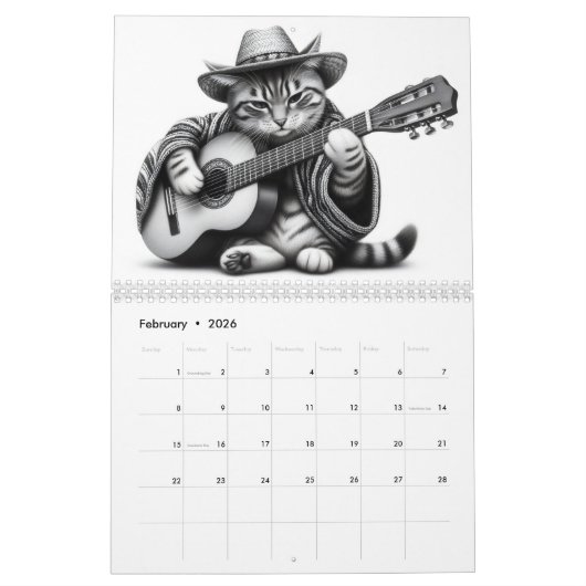 Katten en gitaren zwart en wit 2025 kalender (Feb 2026)