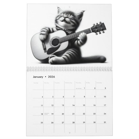 Katten en gitaren zwart en wit 2026 kalender (Jan 2026)