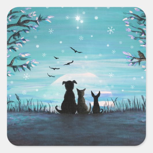 Katten en honden Winter Sunset Vierkante Sticker (Voorkant)