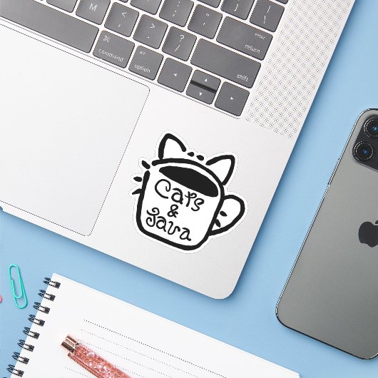 Katten en Java Zwart Sticker (Laptop met iPhone)