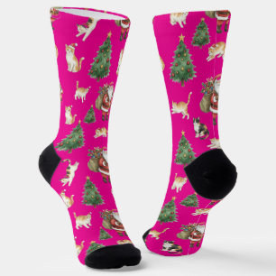 Katten en kerstbomen patroon sokken 