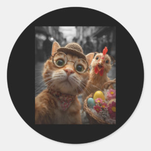 Katten- en kippen-selfie Grappige vintage Paaseier Ronde Sticker