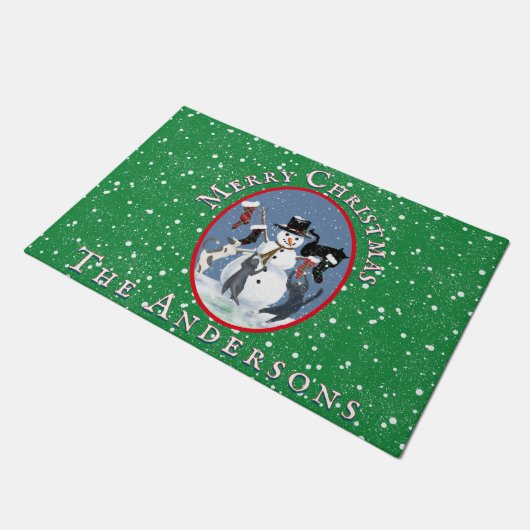  Katten en Sneeuwman Green Custom Christmas Deurmat (Schuin)