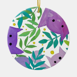Katten en takken - paars en groen keramisch ornament