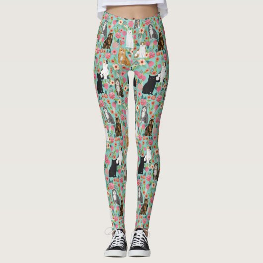 Katten Florals munt florale bloem Leggings (Voorkant)