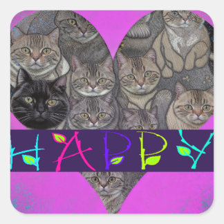 KATTEN GELUKKIG T-SHIRT VIERKANTE STICKER