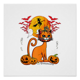 Katten Gesneden Pompoen Horror Hoofd Halloween Eig Perfect Poster