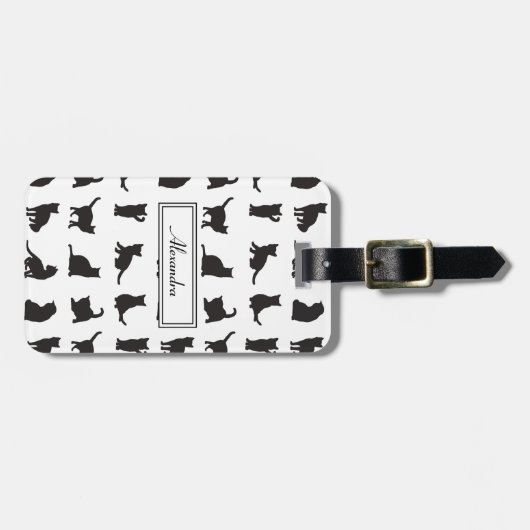 Katten in Black Silhouette Pattern met voornaam Bagagelabel (Voorkant horizontaal)