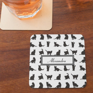 Katten in Black Silhouette Pattern met voornaam Bier Onderzetter