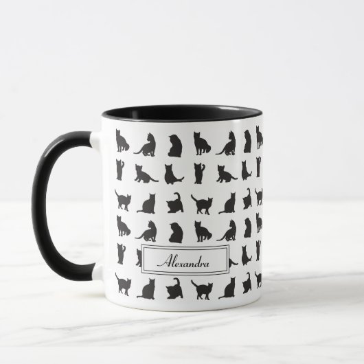Katten in Black Silhouette Pattern met voornaam Mok (Links)