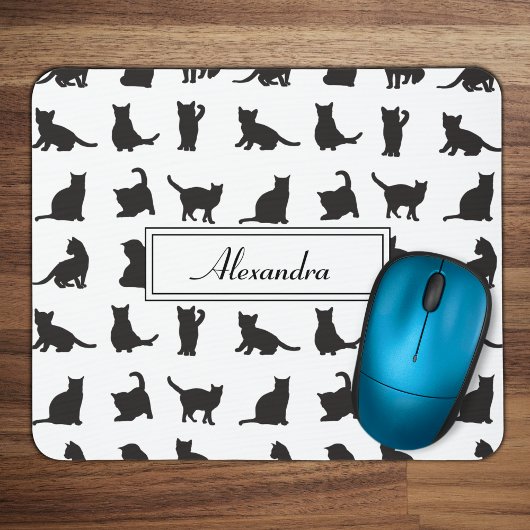 Katten in Black Silhouette Pattern met voornaam Muismat