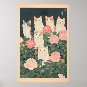 Katten in bloemenprint vintage Japanse Ukiyo-e-kun Poster