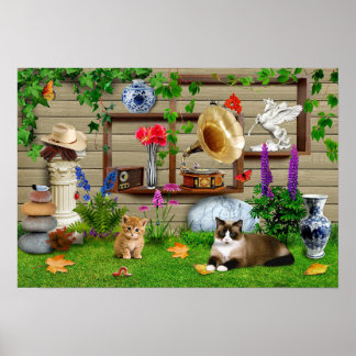 Katten in de achtertuin. Een leuk grappig afbeeldi Poster