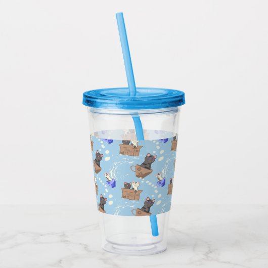 Katten in doos en melkdruppels op blauw acryl drinkbeker (Links)