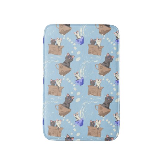 Katten in doos en melkdruppels op blauw badmat (Voorkant Verticaal)
