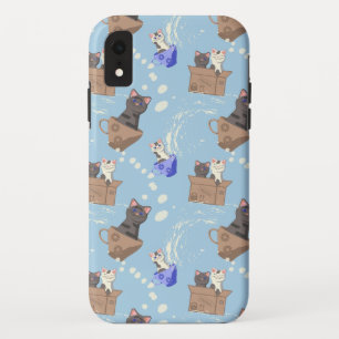 Katten in doos en melkdruppels op blauw iPhone XR hoesje