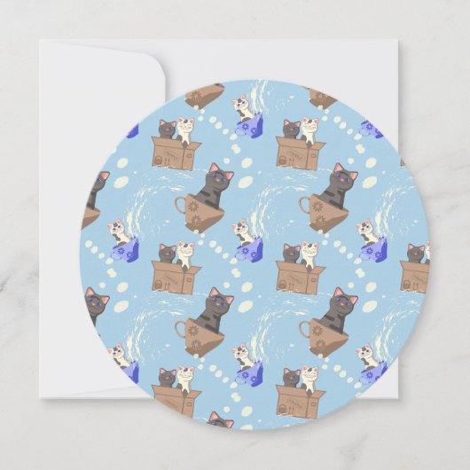 Katten in doos en melkdruppels op blauw feestdagenkaart (Voorkant)