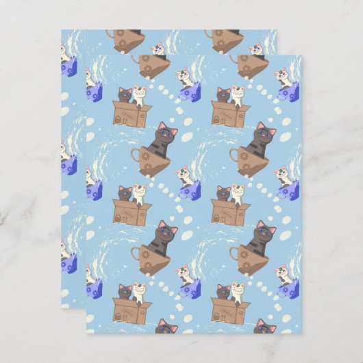 Katten in doos en melkdruppels op blauw feestdagenkaart (Voorkant / Achterkant)