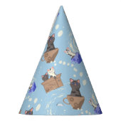 Katten in doos en melkdruppels op blauw feesthoedjes (Links)