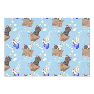 Katten in doos en melkdruppels op blauw foto afdruk