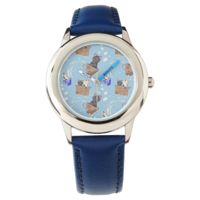 Katten in doos en melkdruppels op blauw horloge (Voorkant)