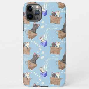 Katten in doos en melkdruppels op blauw iPhone 11Pro max hoesje
