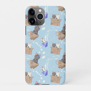 Katten in doos en melkdruppels op blauw iPhone 11Pro hoesje