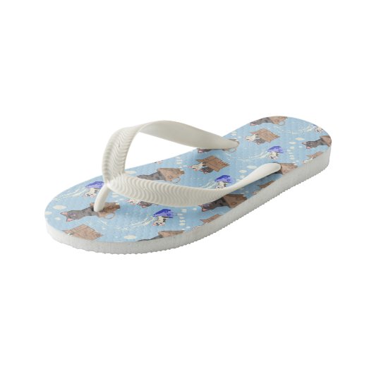 Katten in doos en melkdruppels op blauw kinder teenslippers (Schuin)