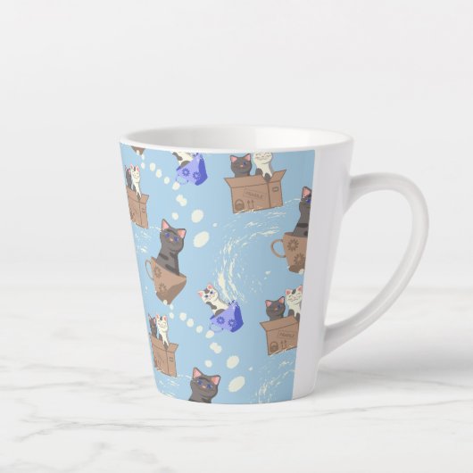Katten in doos en melkdruppels op blauw latte mok (Rechts)
