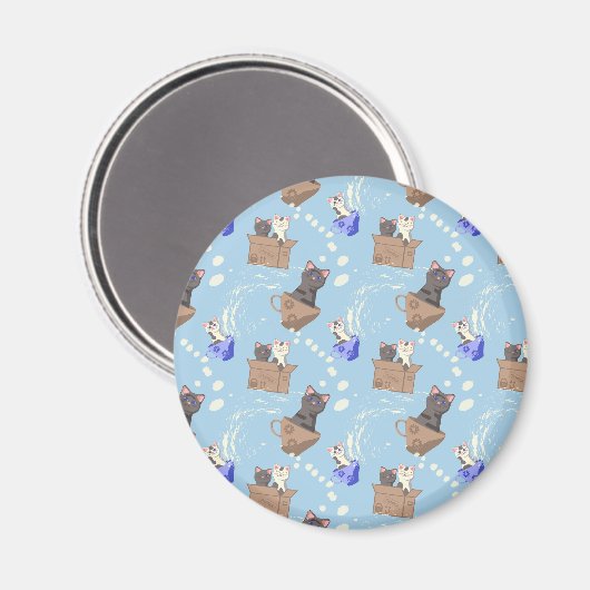 Katten in doos en melkdruppels op blauw magneet (Voorkant / Achterkant)