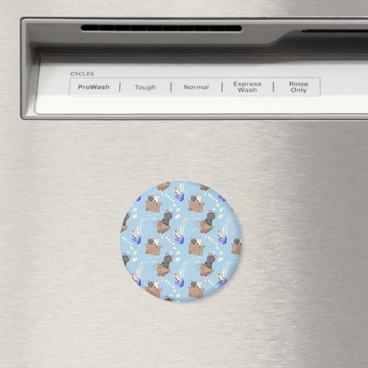 Katten in doos en melkdruppels op blauw magneet (Insitu (Vaatwasser))