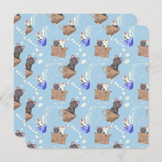 Katten in doos en melkdruppels op blauw notitiekaartje (Voorkant / Achterkant)