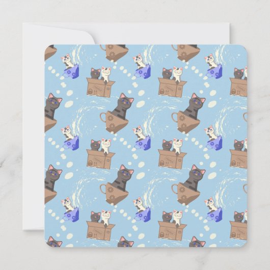 Katten in doos en melkdruppels op blauw notitiekaartje (Achterkant)