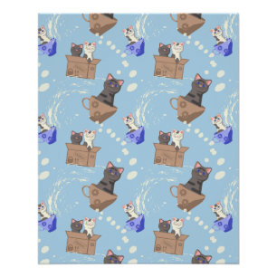 Katten in doos en melkdruppels op blauw perfect poster
