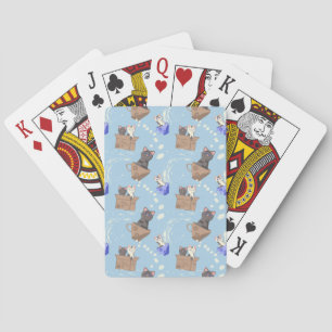 Katten in doos en melkdruppels op blauw pokerkaarten