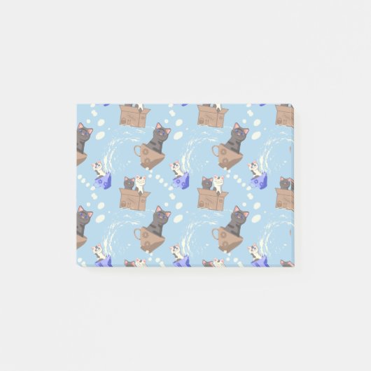 Katten in doos en melkdruppels op blauw post-it® notes (Voorkant)