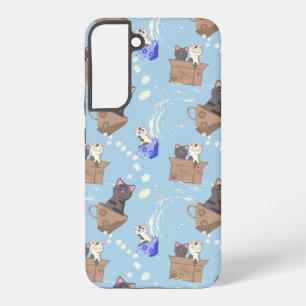 Katten in doos en melkdruppels op blauw samsung galaxy hoesje