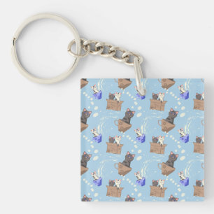 Katten in doos en melkdruppels op blauw sleutelhanger