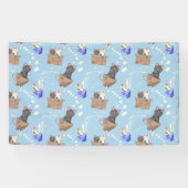 Katten in doos en melkdruppels op blauw spandoek (Horizontaal)
