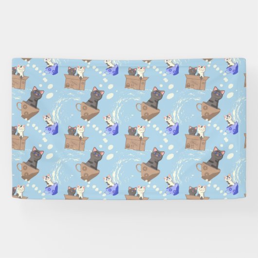 Katten in doos en melkdruppels op blauw spandoek (Horizontaal)