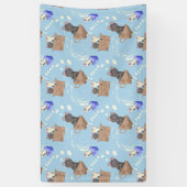 Katten in doos en melkdruppels op blauw spandoek (Verticaal)