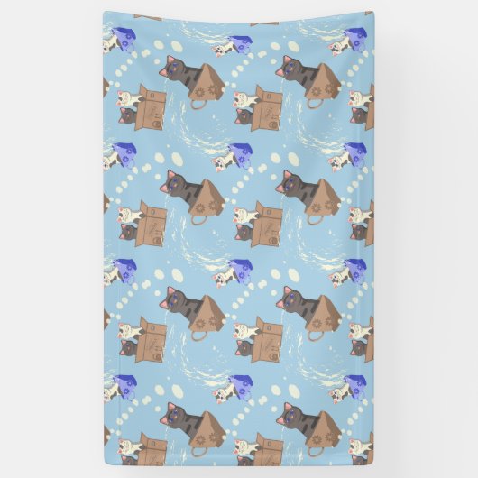 Katten in doos en melkdruppels op blauw spandoek (Verticaal)