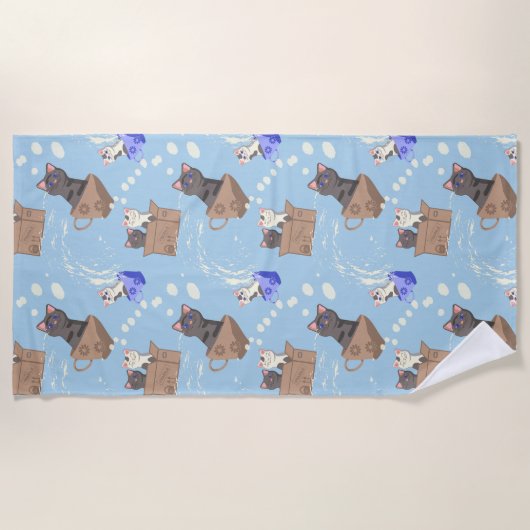 Katten in doos en melkdruppels op blauw strandlaken (Voorkant)