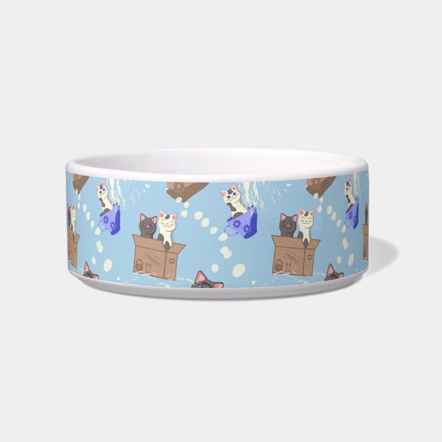 Katten in doos en melkdruppels op blauw voerbakje (Voorkant)